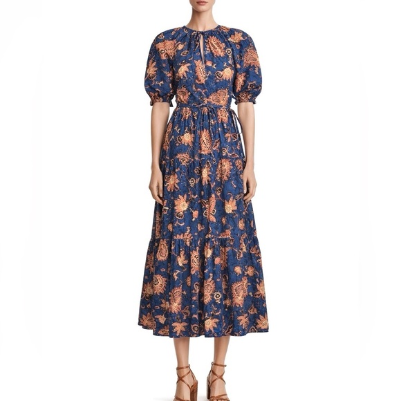 Ina Dresses & Skirts - INA Boho Tiered Midi Dress M Waist Ties Lightweight Flowers Paisley Feminine